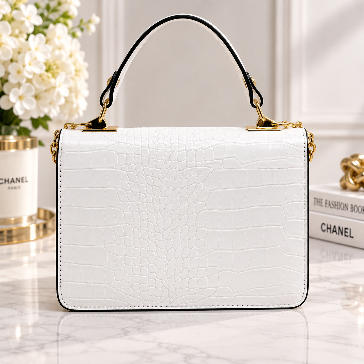 Luxury White Crocodile Textured Shoulder Bag – Gold Chain Detail
