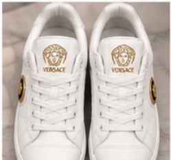 White Luxury Designer-Style Sneakers – Gold Medusa Detail 👟✨