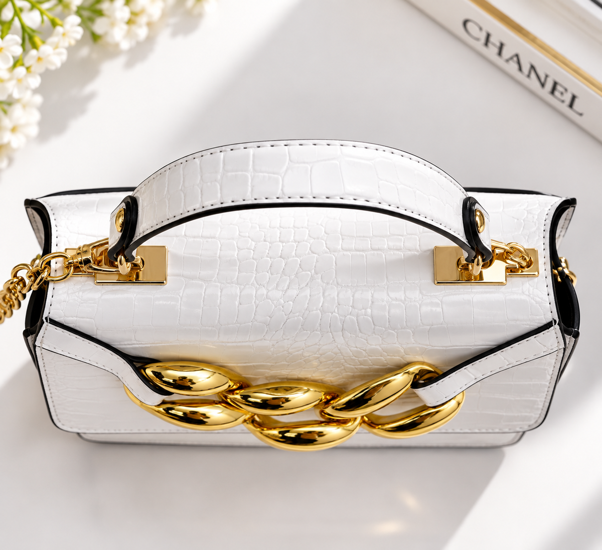 Luxury White Crocodile Textured Shoulder Bag – Gold Chain Detail
