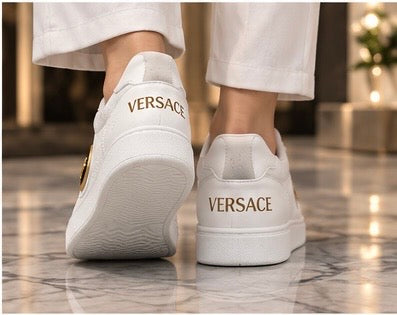 White Luxury Designer-Style Sneakers – Gold Medusa Detail 👟✨