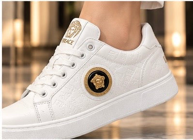 White Luxury Designer-Style Sneakers – Gold Medusa Detail 👟✨