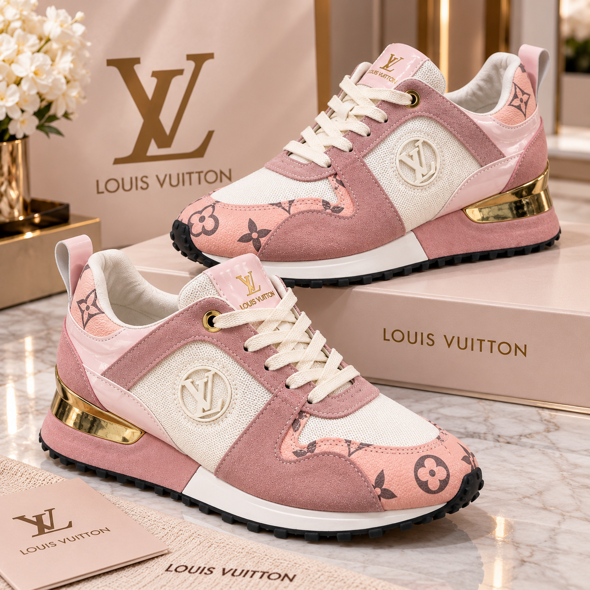 Pink & White Monogram Style Sneakers – Gold Accent