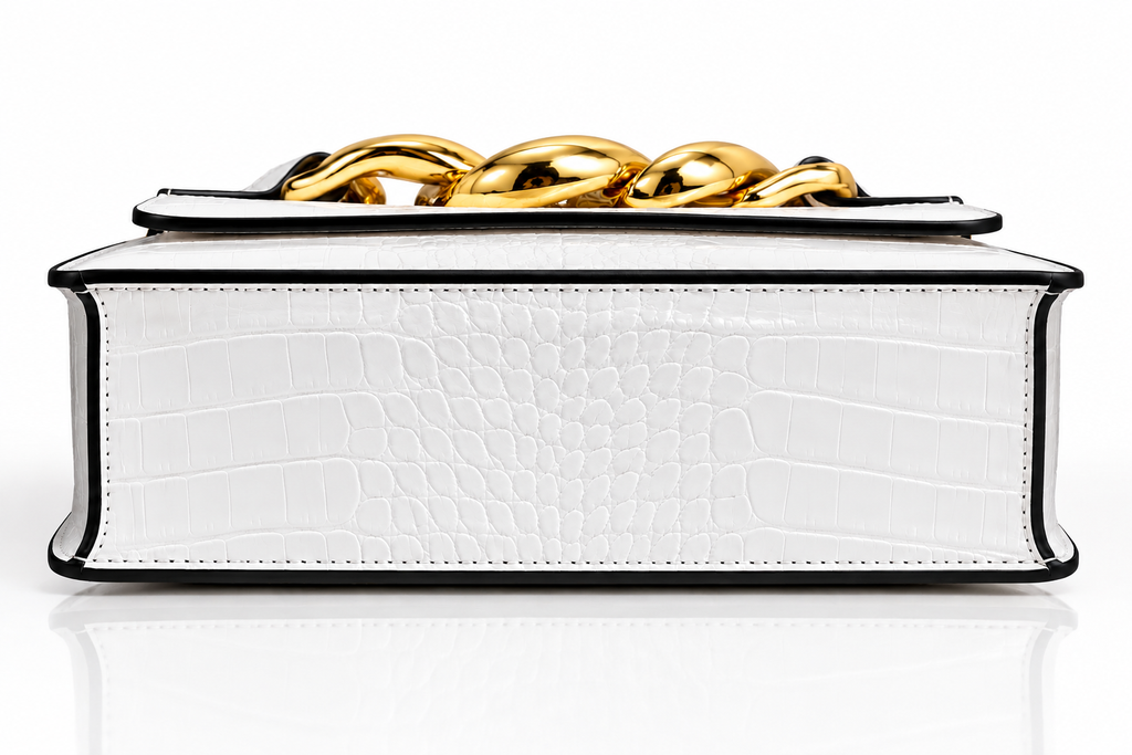 Luxury White Crocodile Textured Shoulder Bag – Gold Chain Detail