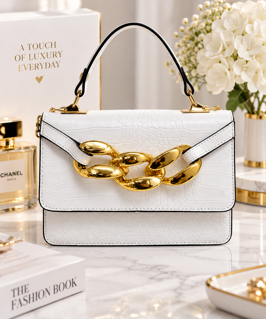 Luxury White Crocodile Textured Shoulder Bag – Gold Chain Detail