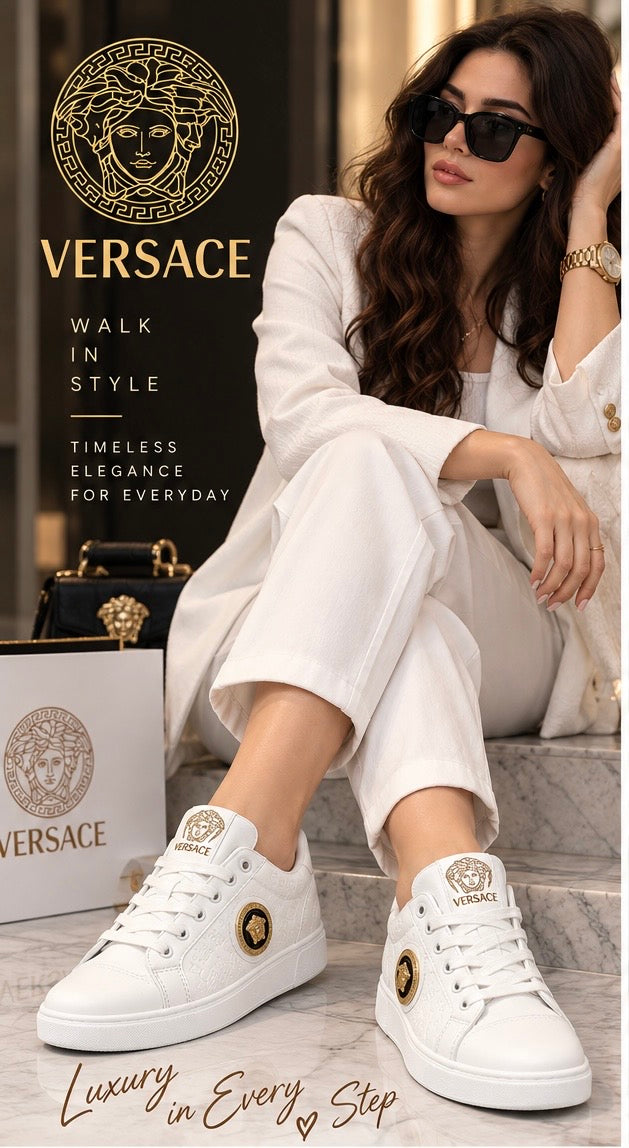 White Luxury Designer-Style Sneakers – Gold Medusa Detail 👟✨