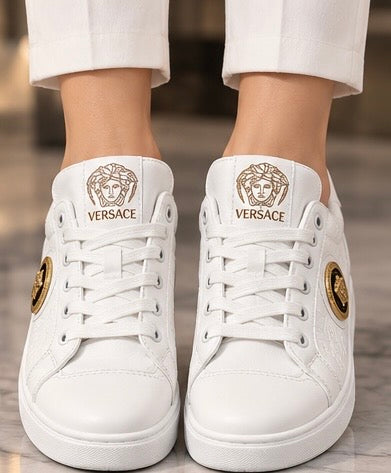 White Luxury Designer-Style Sneakers – Gold Medusa Detail 👟✨