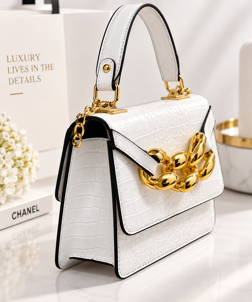 Luxury White Crocodile Textured Shoulder Bag – Gold Chain Detail
