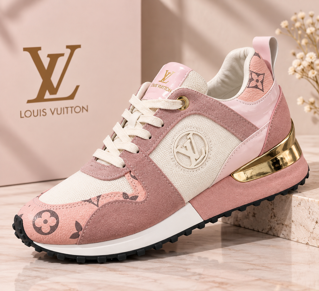 Pink & White Monogram Style Sneakers – Gold Accent