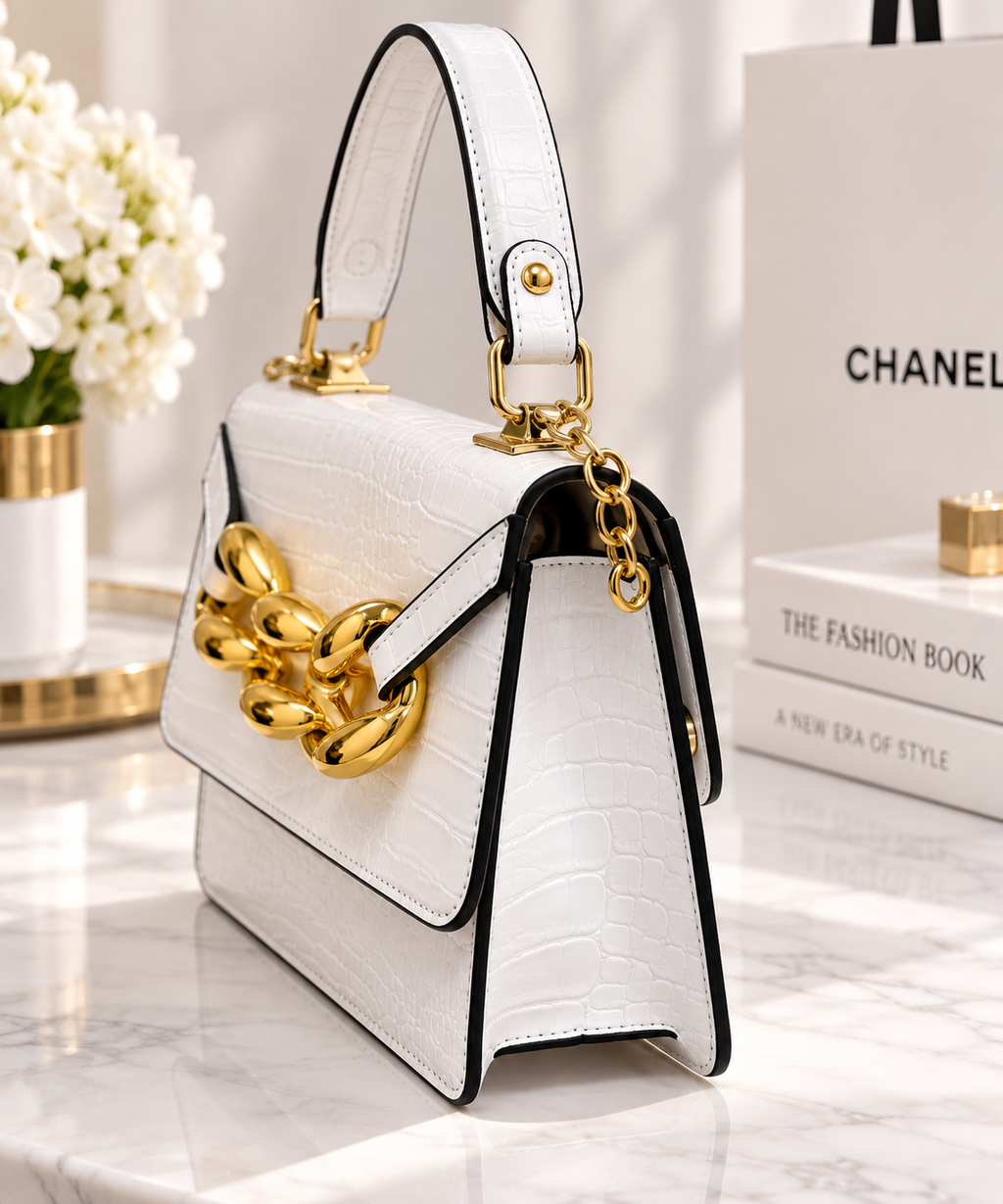 Luxury White Crocodile Textured Shoulder Bag – Gold Chain Detail