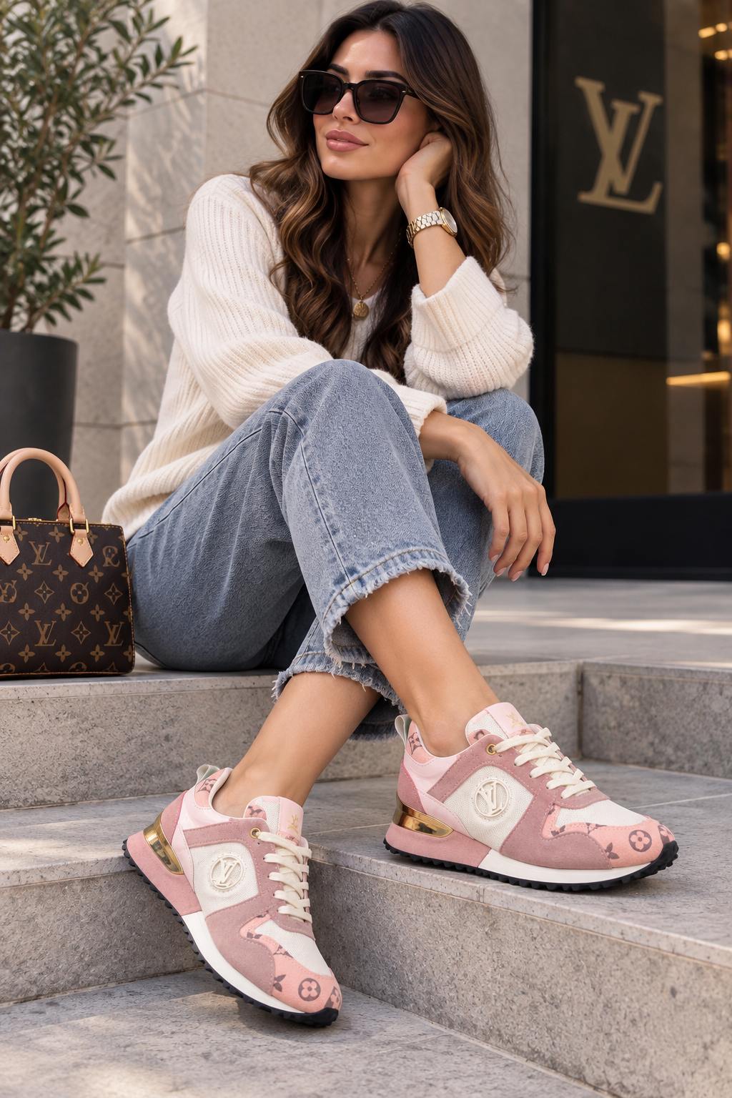 Pink & White Monogram Style Sneakers – Gold Accent